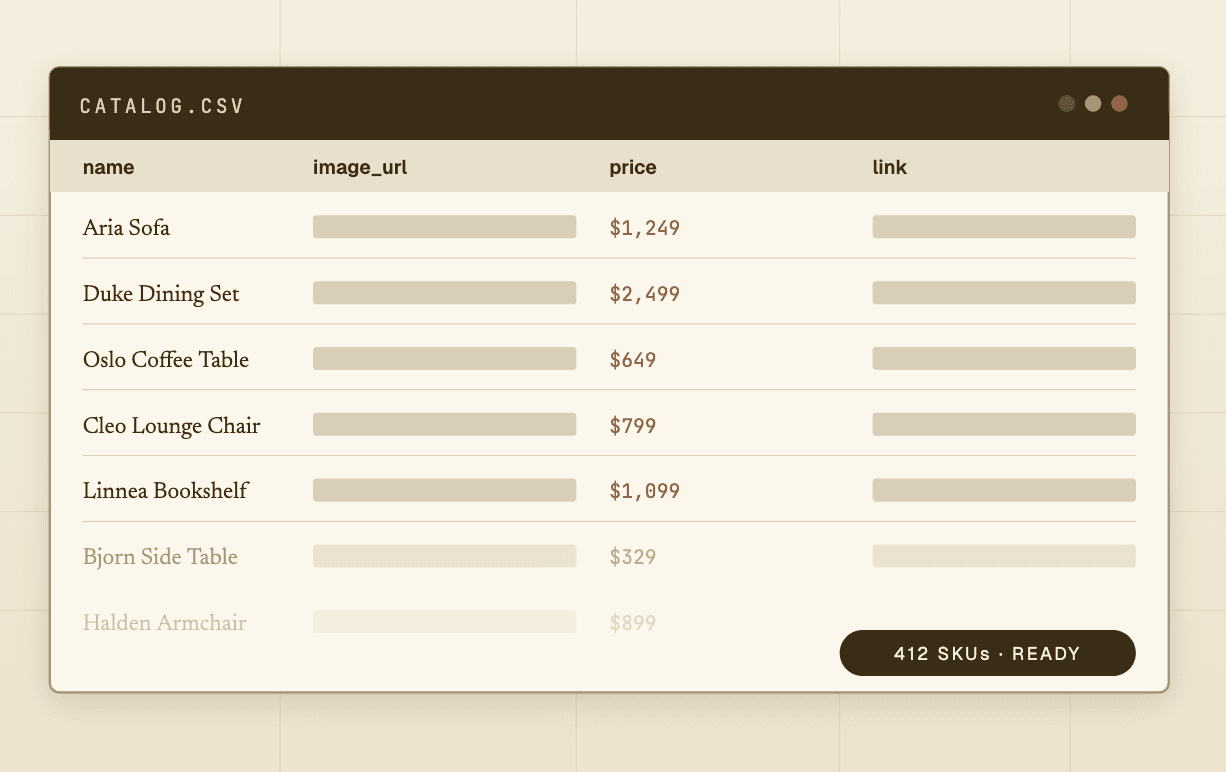 catalog.csv with product names, image URLs, prices, and links