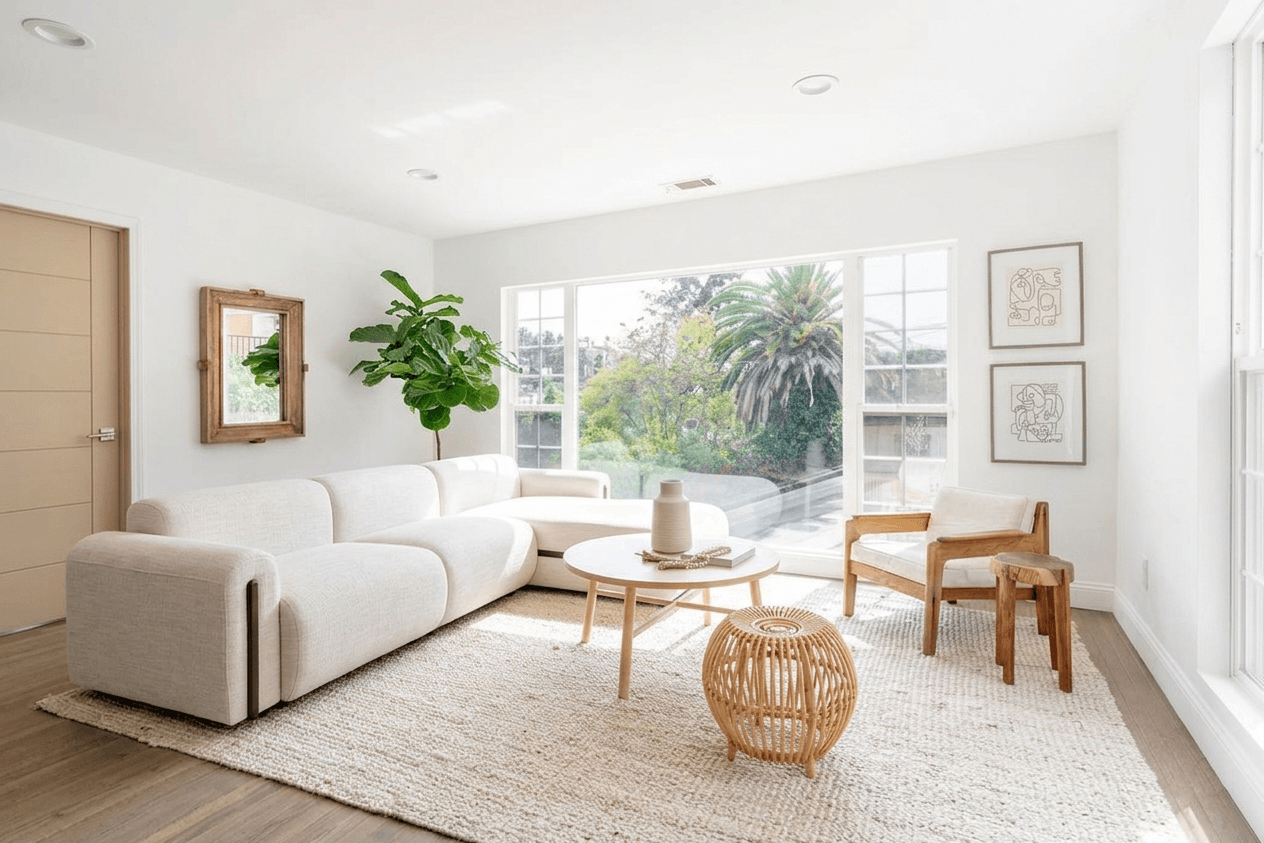 The same living room with the cream sectional sofa placed in it by FurnitureViz