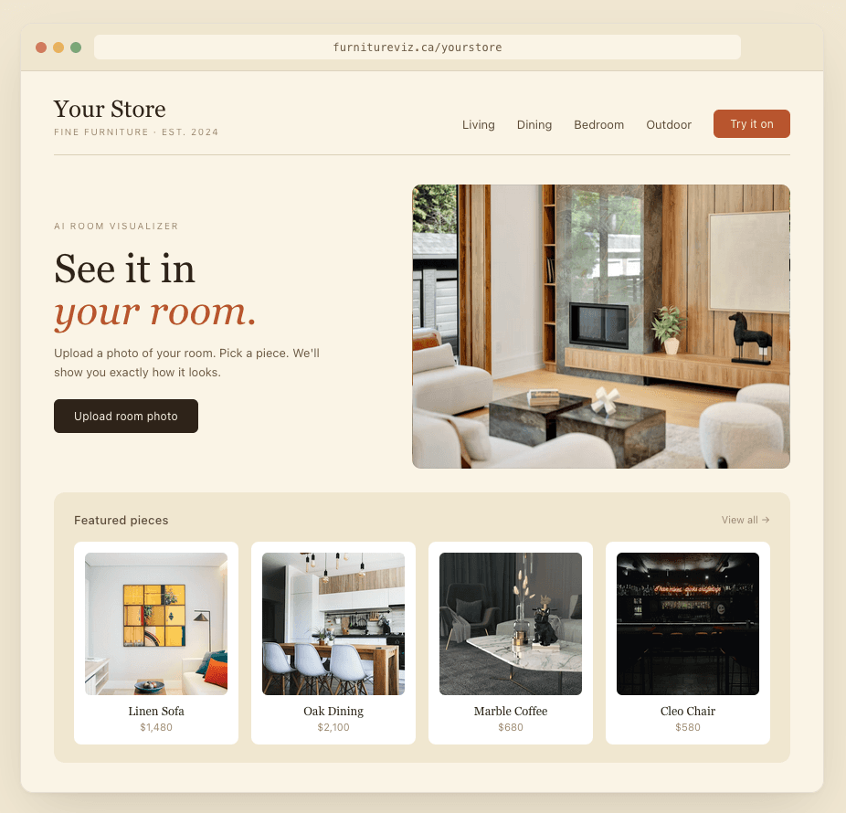 Branded storefront preview at furnitureviz.ca/yourstore