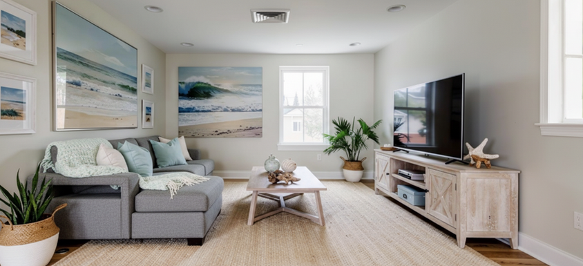 Living room with grey sectional sofa
