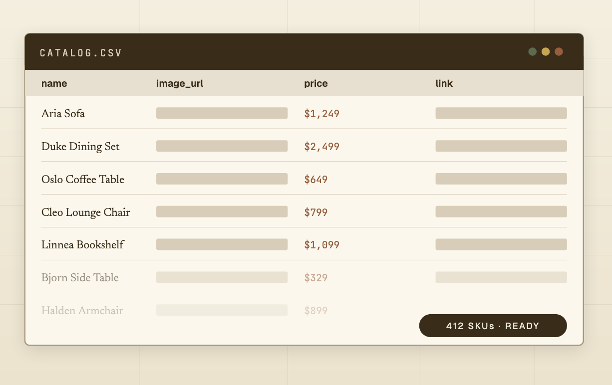 catalog.csv with product names, image URLs, prices, and links